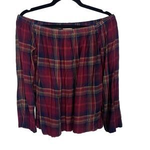 Cloth & Stone XSmall XS Red Blue Plaid Off The Shoulder Blouse Top Long Sleeve